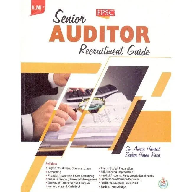 FPSC Senior Auditor Recruitment Guide book cover with syllabus topics and office document photo