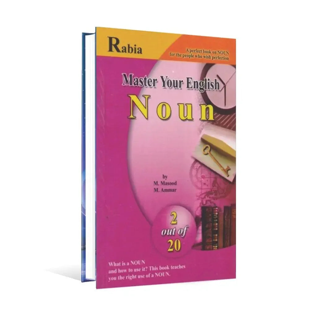 Rabia Master Your English Noun Book 2, pink cover with books, key, and clock images.