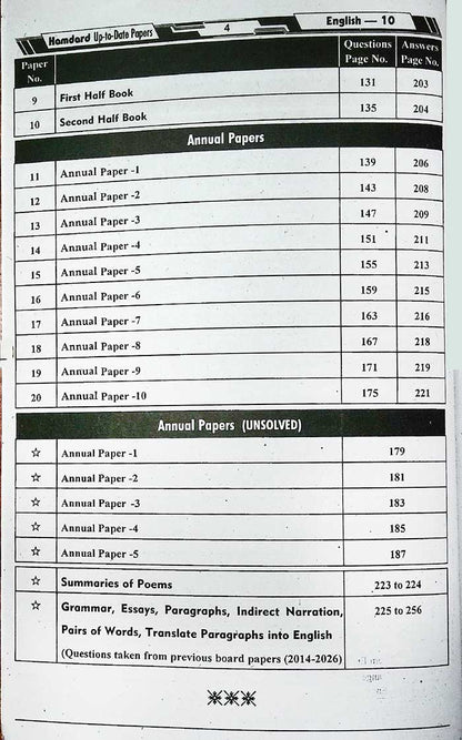 Hamdard Scholar English 10th Class Up-To-Date Papers | Exam 2026