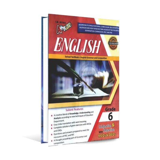 A Plus English Solved Textbook and English Grammar Subjective and Objective for Grade 6 By Punjab Board A Plus