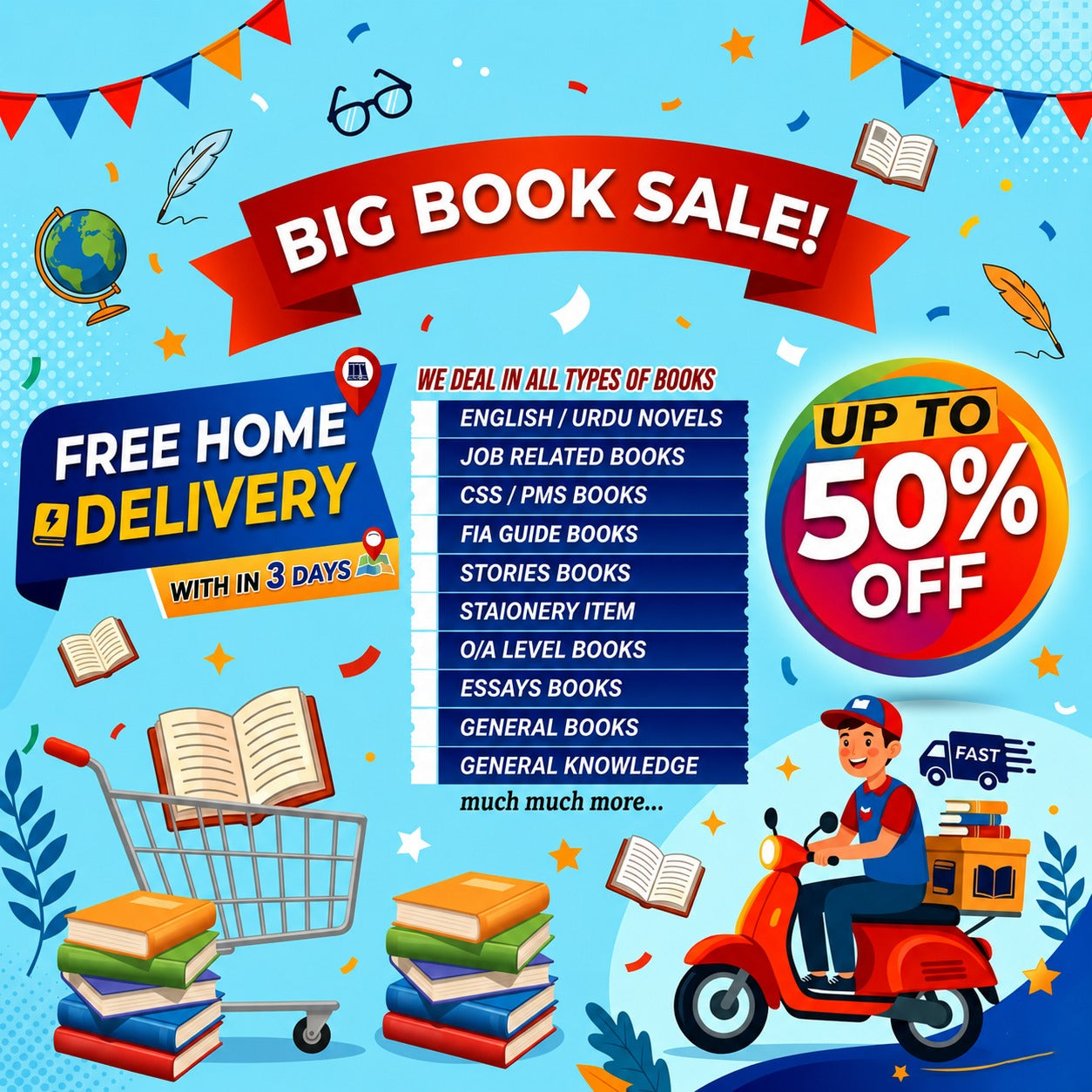 Big book Sale offer 50% Off with Free Shipping on all product,Multan Kitab Ghar