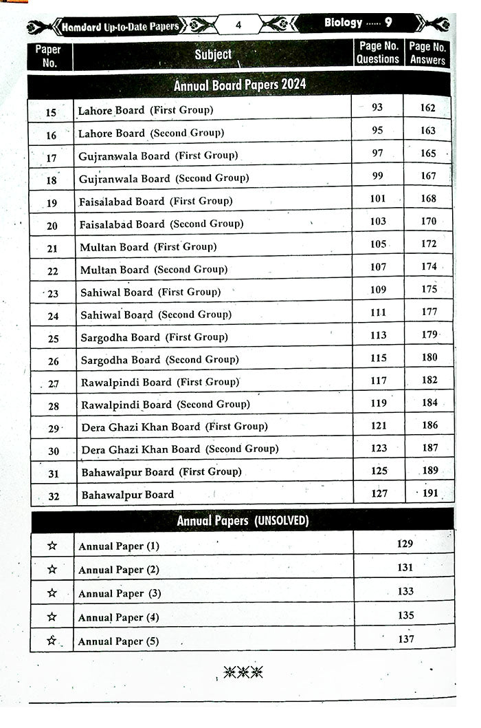 Hamdard Scholar Biology Up To Date Papers for Class 9th for Preparation of Examination 2025