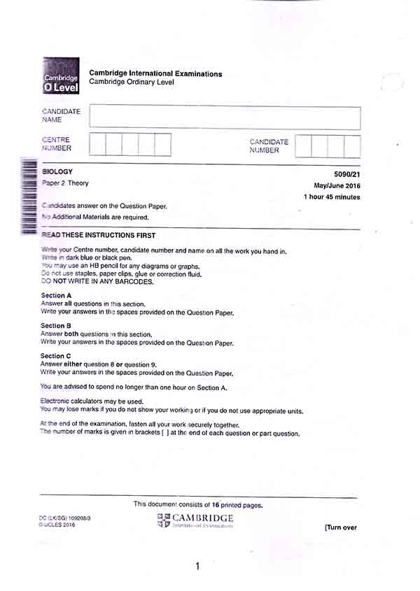 Cambridge O level Biology 5090 Paper 2 2016-2022 Past Papers by Kamil Books Multan Kitab Ghar