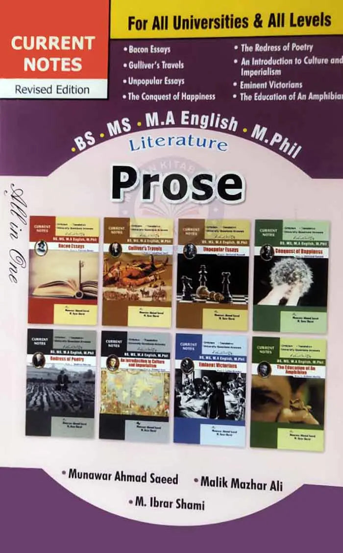 Current Notes Prose Literature for Bs English, M.A English and M.Phil By Munawar Ahmad Saeed Multan Kitab Ghar