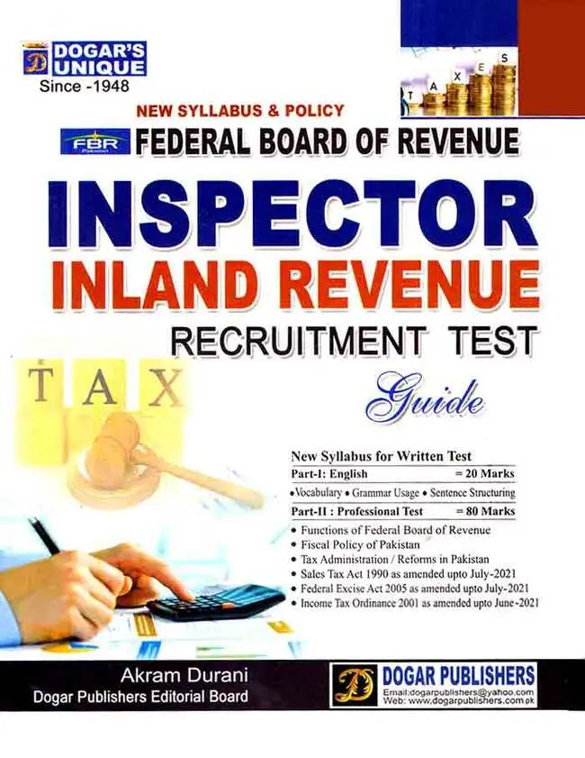 Dogar FBR Inspector Inland Revenue Book & Recruitment Test Guide New Syllabus By Akram Durani Multan Kitab Ghar