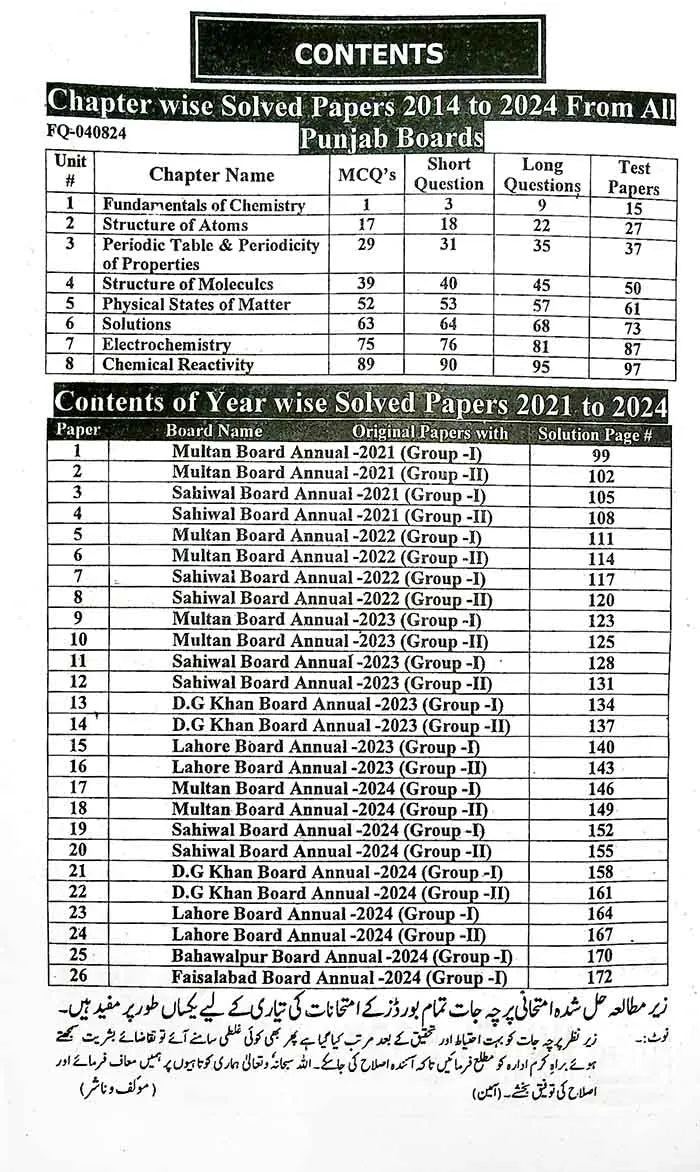 Honey Solved Papers Chemistry for Class 9 by Syed Latif Bukhari Multan Kitab Ghar