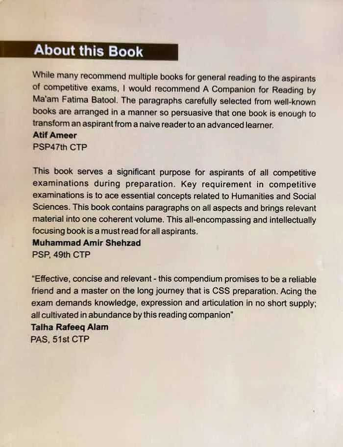 Ilmi A Companion for Readings Book for CSS, PMS, By Fatima Batool