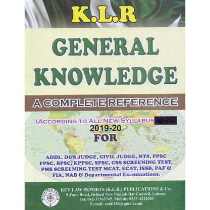 K.L.R General Knowledge 2019-20 Book for ADDL, Civl Judge, by S.A Raza Multan Kitab Ghar