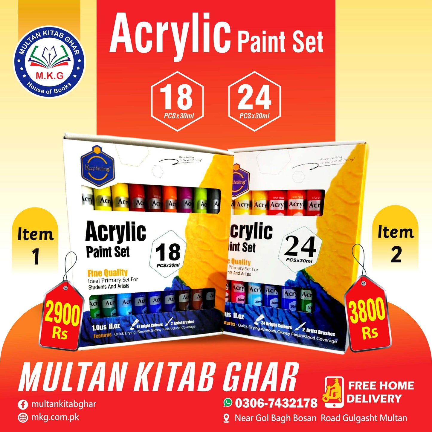 Keepsmiling Acrylic Paint Set | 18 & 24 Bright Colours for Artists - MKG