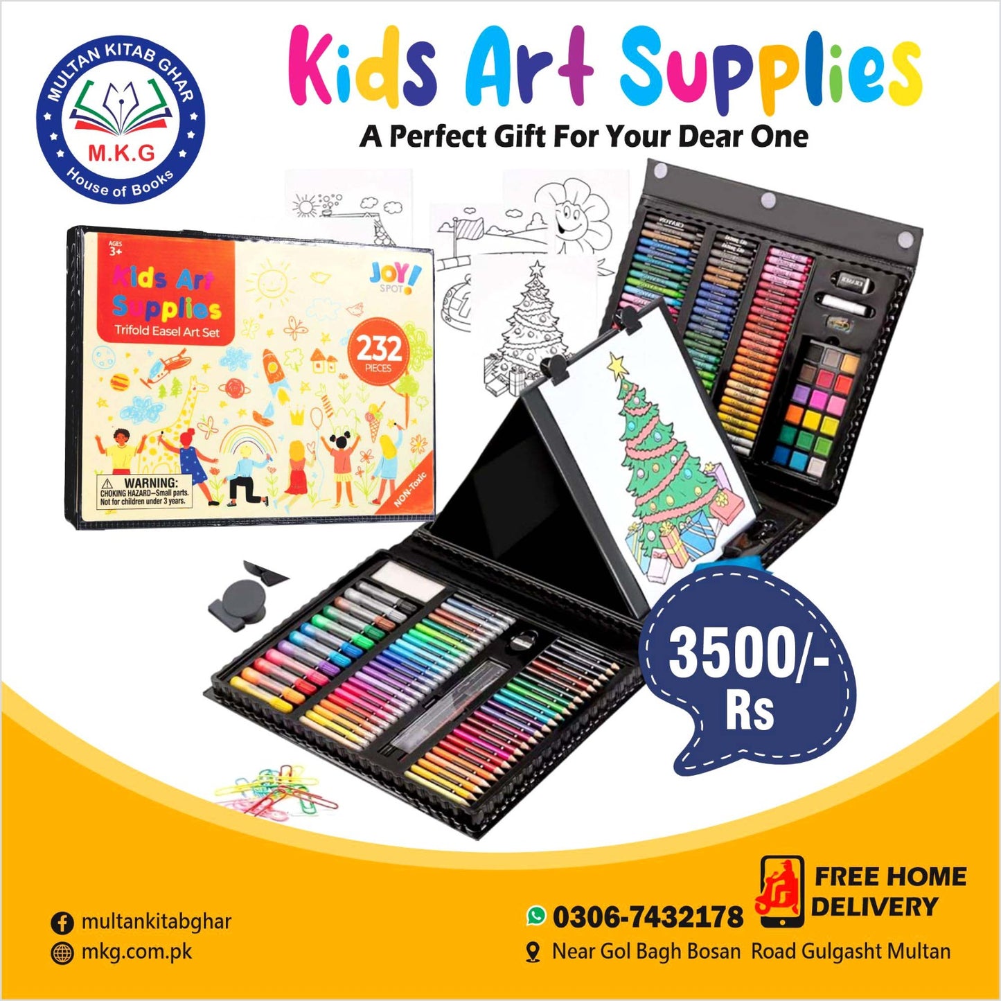 Kids Art Supplies 232-Piece Art Set | Trifold Easel Drawing Painting Kit - MKG