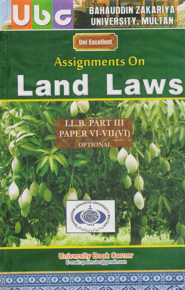 Land Laws For LLB Part 3 Past Papers 6-7 by Khurram Amir Multan Kitab Ghar