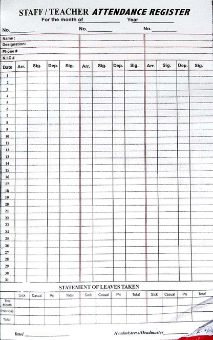 Lucky Staff Teacher Attendance Register in English Record Book