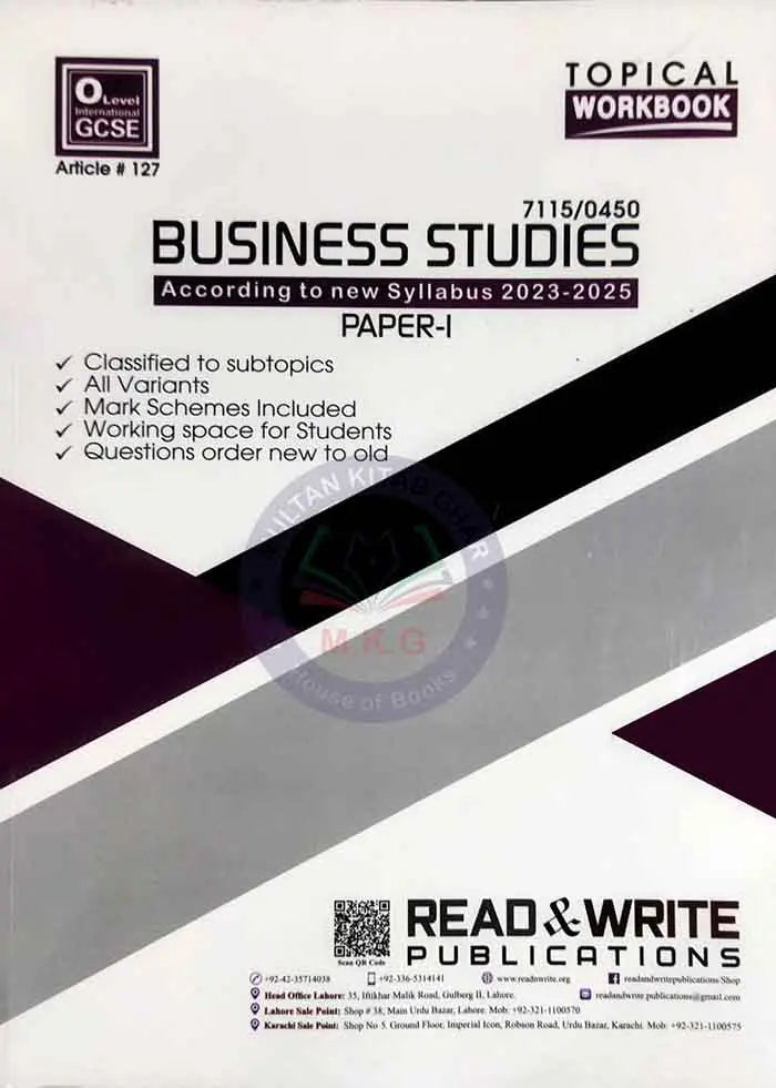 O Level Business Studies 7115/0450 (According to new Syllabus 2023 - 2025) Paper 1 By Read Write Multan Kitab Ghar