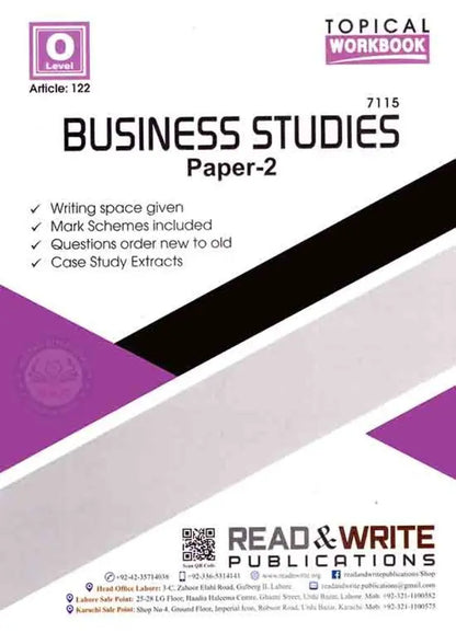 O Level Business Studies 7115 Paper 2 Topical Workbook By Read Write Multan Kitab Ghar