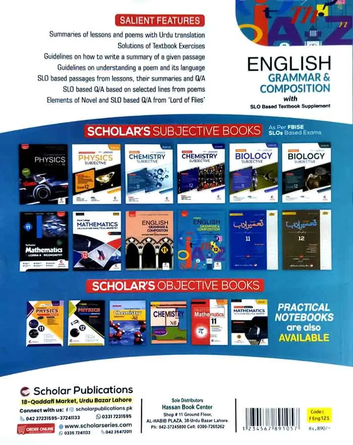 Scholar Federal English Grammar Composition for Class 12 with SLO Based Textbook Supplement By T.A Qureshi Younas Shukeeb Multan Kitab Ghar