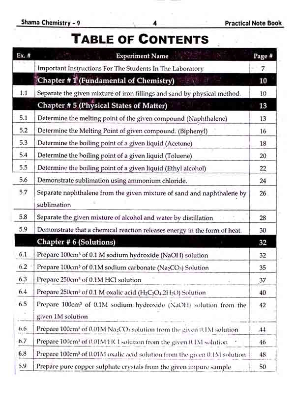 Shama Chemistry Practical Notebook for 9th & 10th Class According to New Syllabus & New Examination Pattern Multan Kitab Ghar