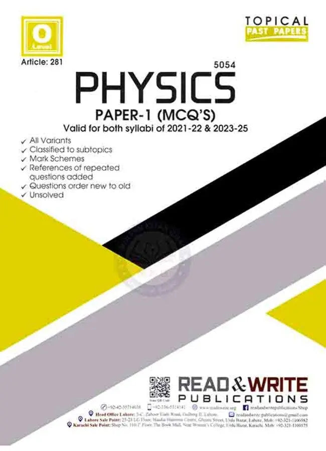 Topical Physics Paper 1 MCQS Book for O Level by Read Write Multan Kitab Ghar