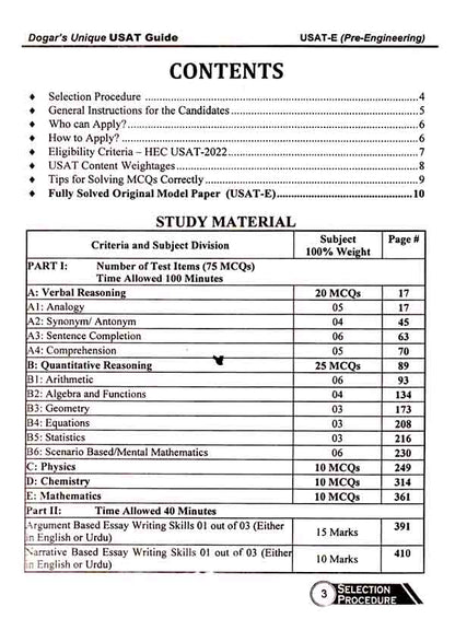 Dogar USAT-E Pre-Engineering Undergraduate Studies Admission Test Student Guide Multan Kitab Ghar