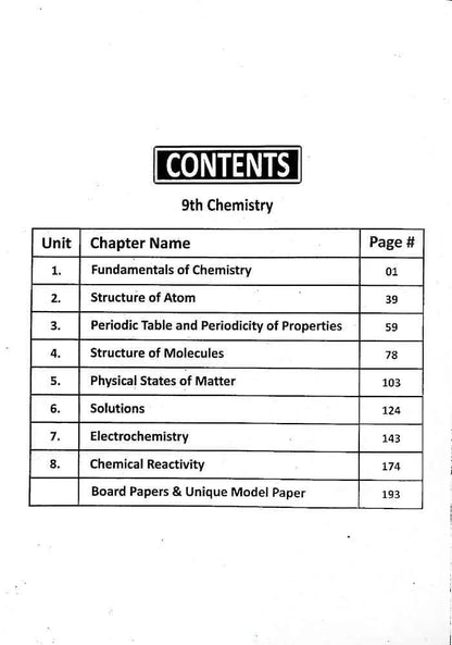 Unique Notes Chemistry for 9th Class According to New Board Pattern Subjective + Objective Multan Kitab Ghar