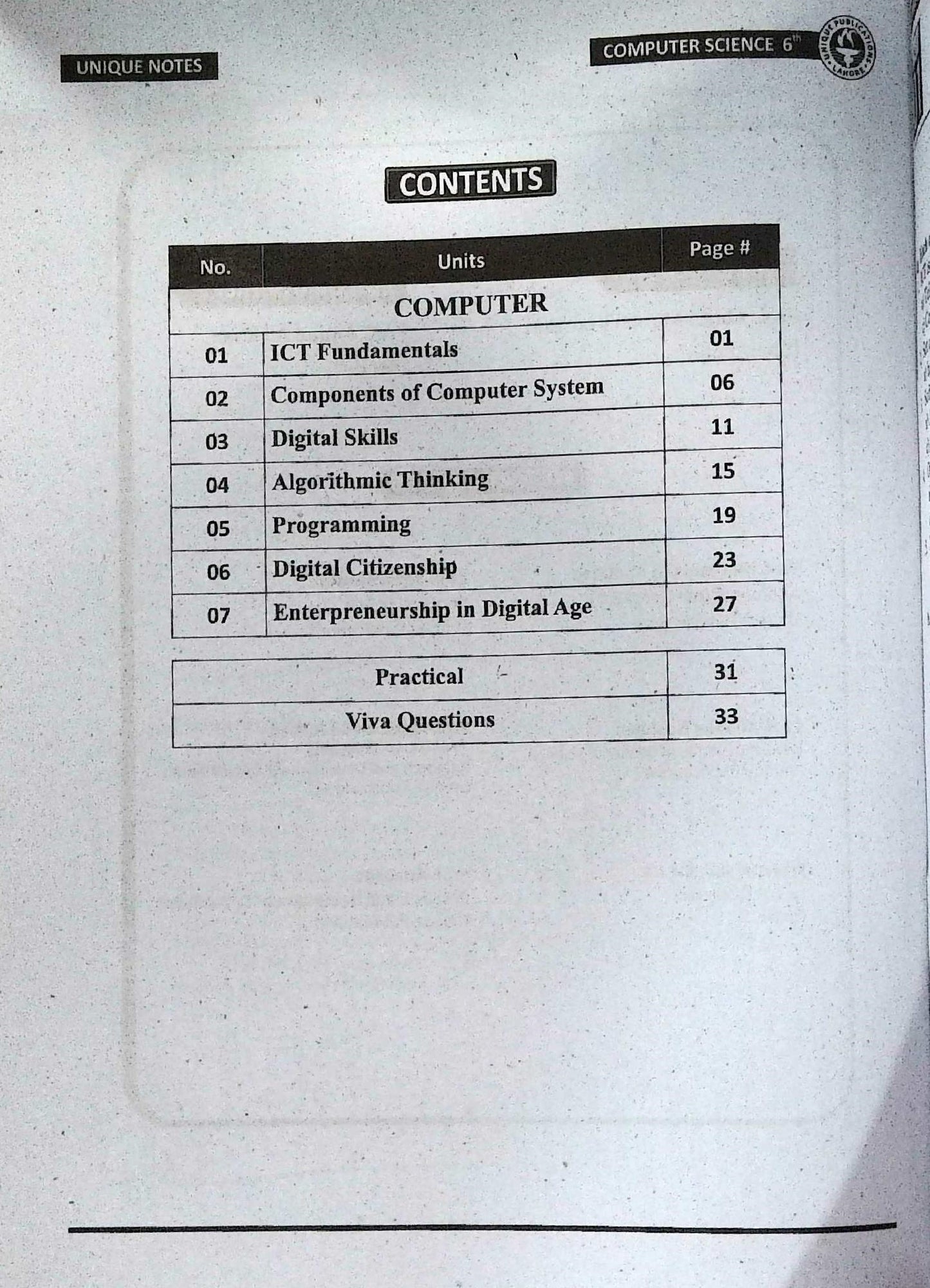 Unique Notes Computer Class 6 English Medium Guide