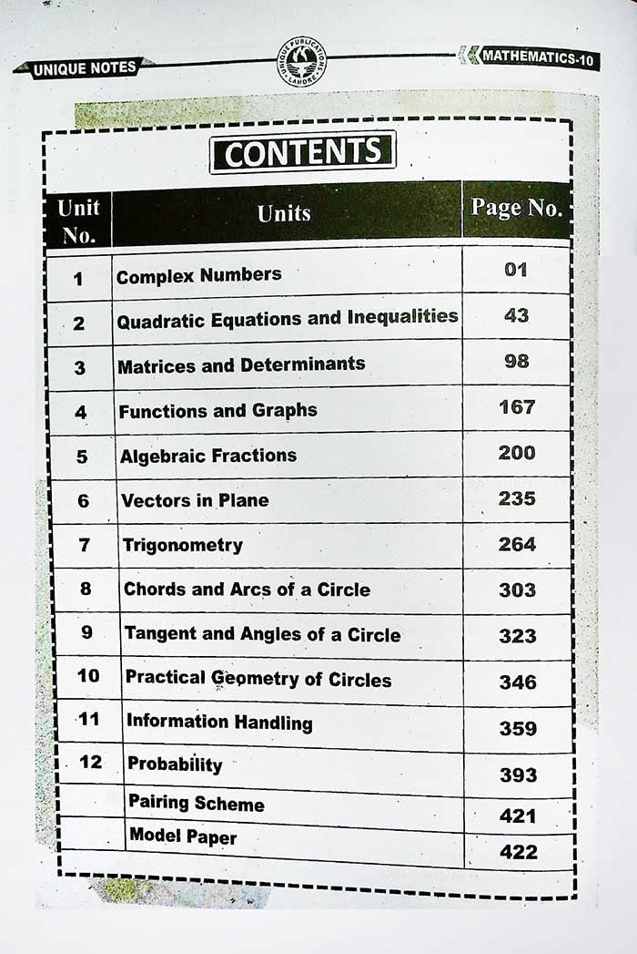 Unique Notes Mathematics Book for Class 10 According to new Board Pattern By Maryam Mirzakhani - MKG