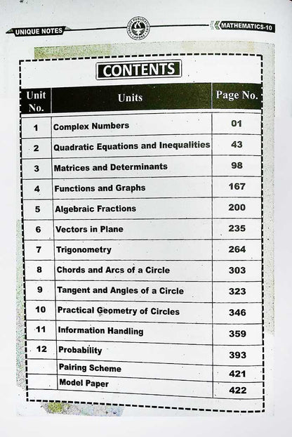Unique Notes Mathematics Book for Class 10 According to new Board Pattern By Maryam Mirzakhani - MKG