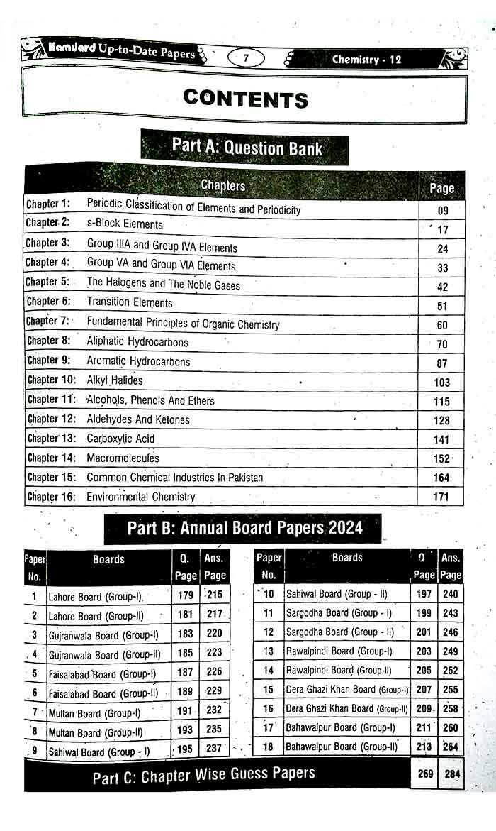 Hamdard Scholar Chemistry 12 (Intermediate Part - 2) Up To Date Solved Paper's with Questions Bank 2014-2024 for Preparation of Board Exam 2025