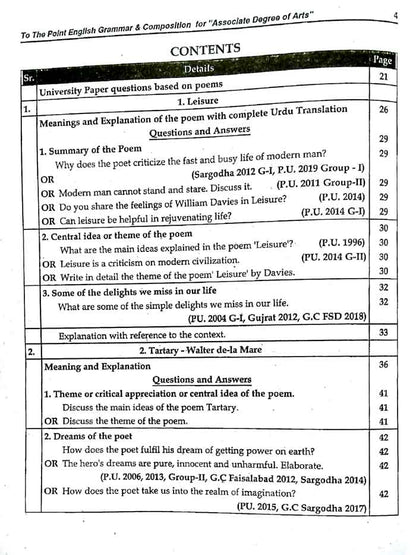 To The Point English Guide Book for Part 1 3rd Year (ADA) of Arts Class 13 By Prof. Aftab Ahmad Multan Kitab Ghar